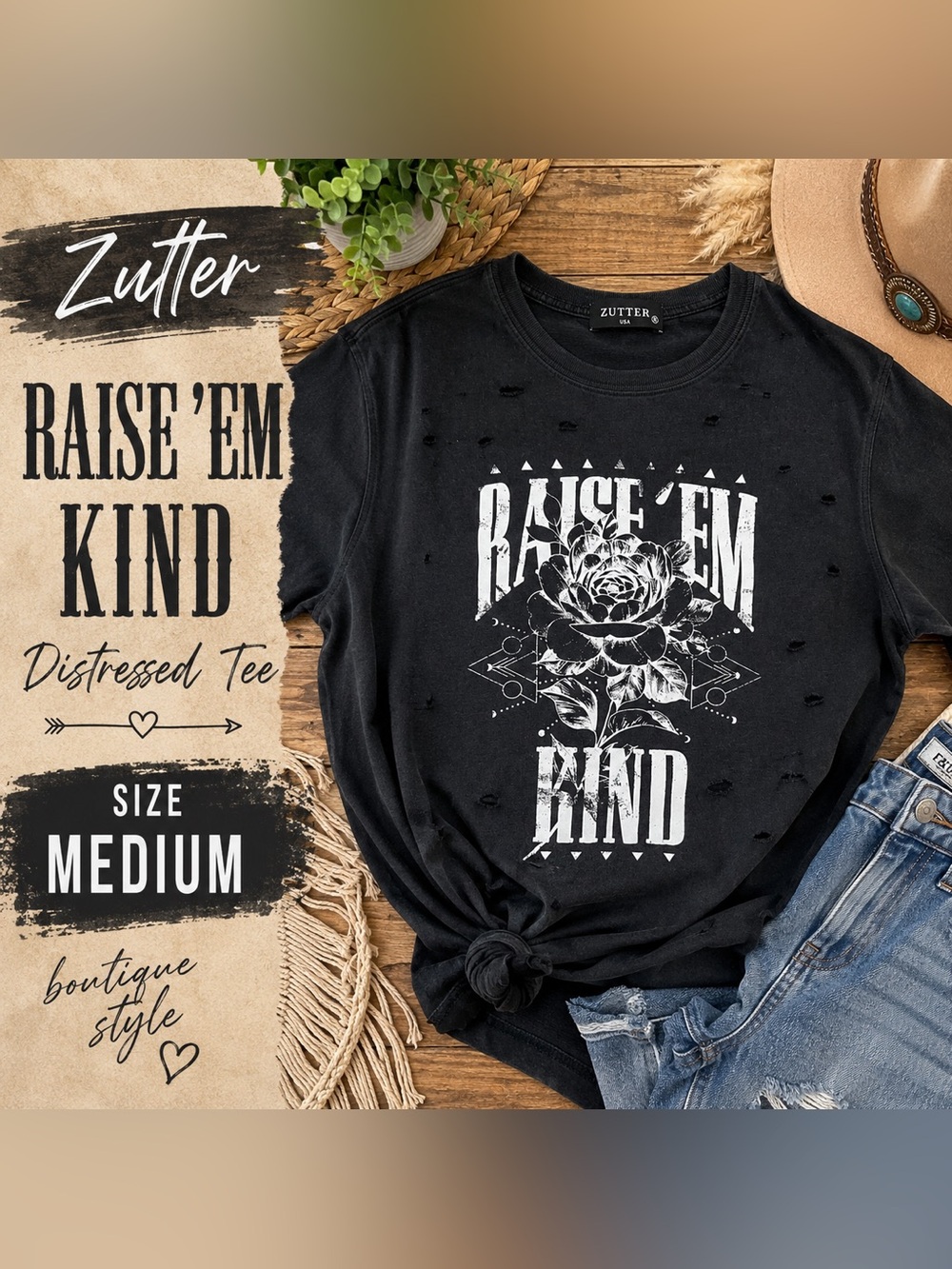 Zutter USA “Raise ‘Em Kind” Distressed Graphic Tee – Women’s Medium